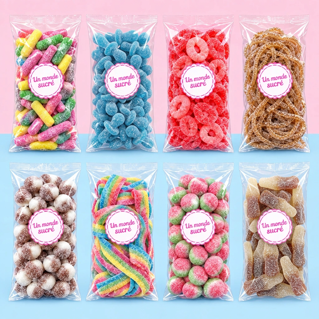 Visuel illustratif de la Box Défi Acidulé, huit sachets dont tétines bleues et langues cola
