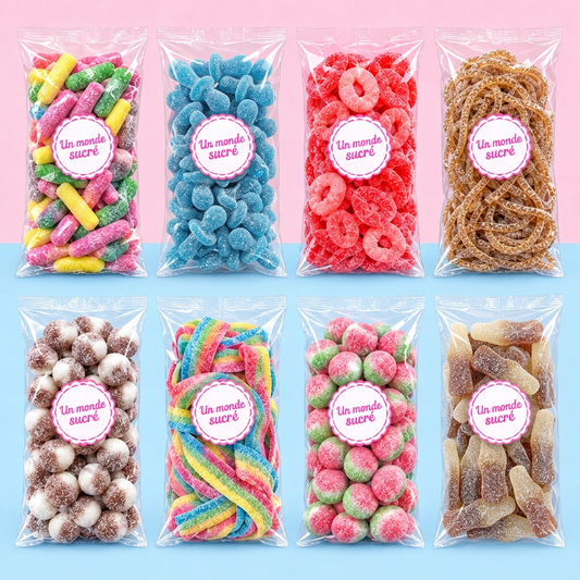 Visuel illustratif de la Box Défi Acidulé, huit sachets dont tétines bleues et langues cola