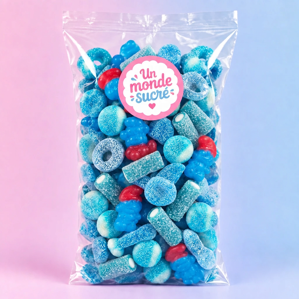 Visuel illustratif du Mix Bleu avec mini câbles framboise, bisous bleus, tétines bleues et Schtroumpfs