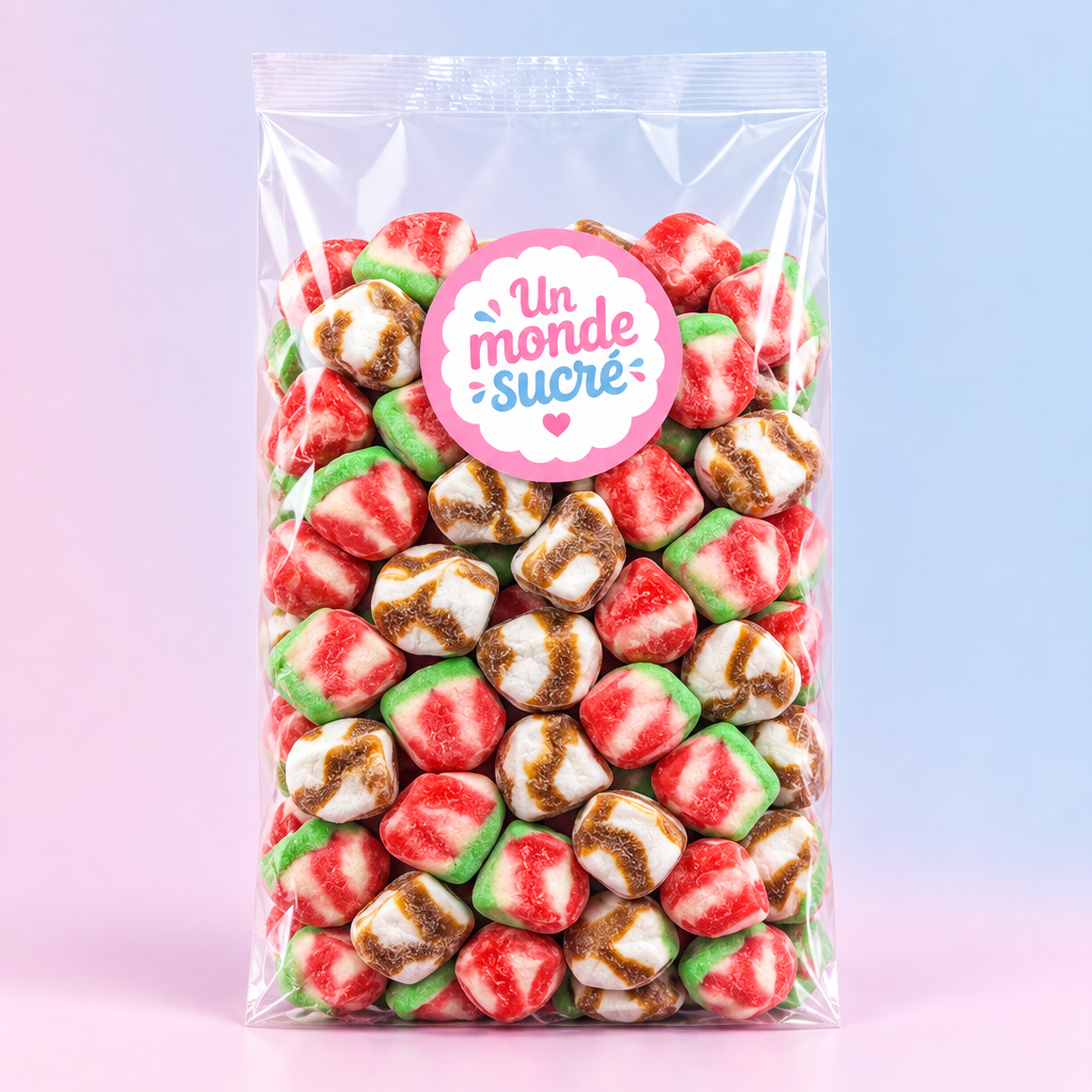 Visuel illustratif d’un sachet de bisous fraise cola et pastèque avec étiquette ronde Un monde sucré