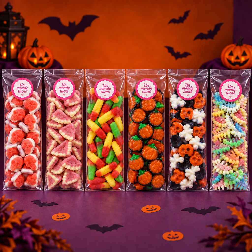 Visuel illustratif de six sachets de bonbons Halloween sur fond orange et violet avec citrouilles et chauves-souris