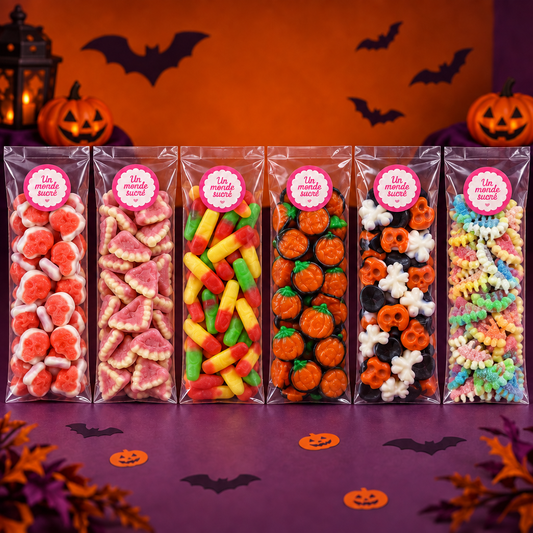 Visuel illustratif de six sachets de bonbons Halloween sur fond orange et violet avec citrouilles et chauves-souris