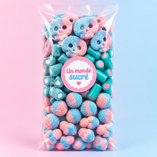 Sachet Mix Rose et Bleu de 500 g avec cinq sortes de bonbons Un monde sucré