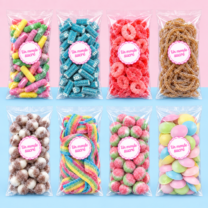 Box Défi Acidulé de huit sachets avec soucoupes et briques framboise acidulées bleues
